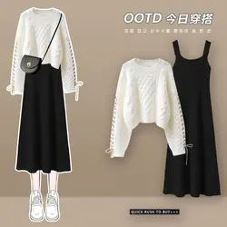 Kobiety elegancki elegancki garnitur sweter Top i Midi sukienka dwuczęściowy zestaw strój jesień zima nowa moda koreańska odzież