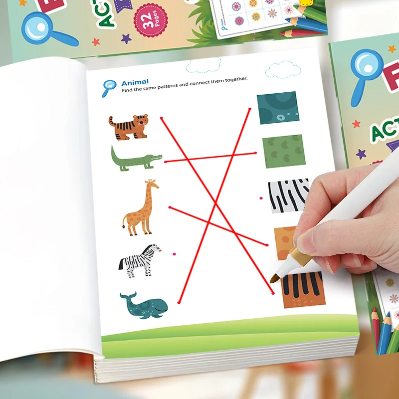 Matching Fun Game Book, Animal/profession/leaf/fruit and Vegetable Theme, Circle Drawing/connection Exercise Book, 32 Pages