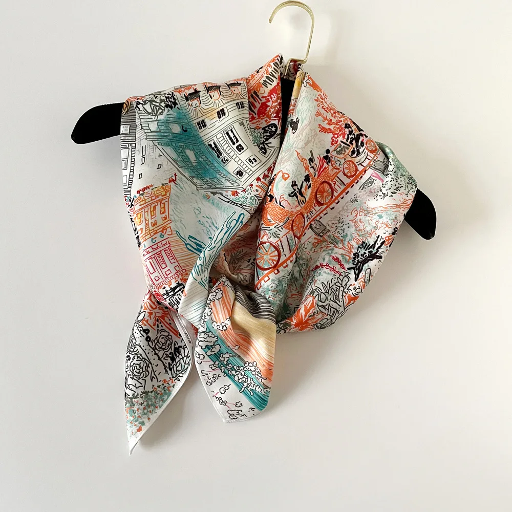 90cm silk scarf women's printed scarf European and American cross-border headscarf, retro large square scarf, shawl wholesale image 2