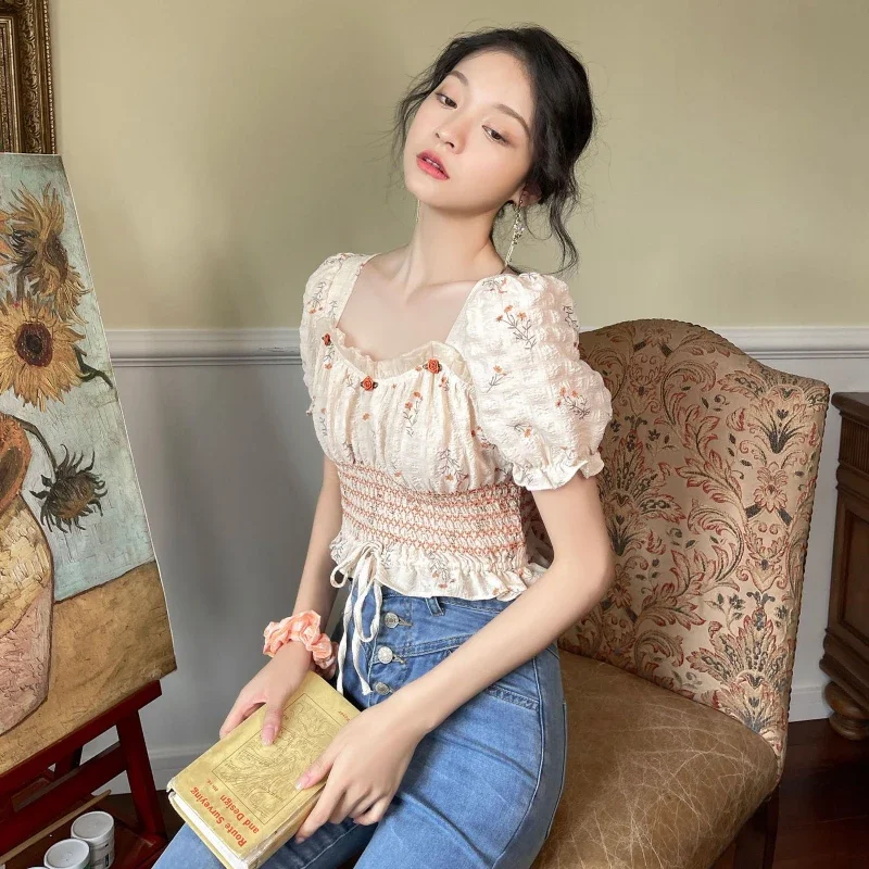 French Elegant Shirts Draw String Slim Waist Ruffles Square Collar Puff Sleeve Crop Tops Summer Sweet Preppy Style Women Blouses