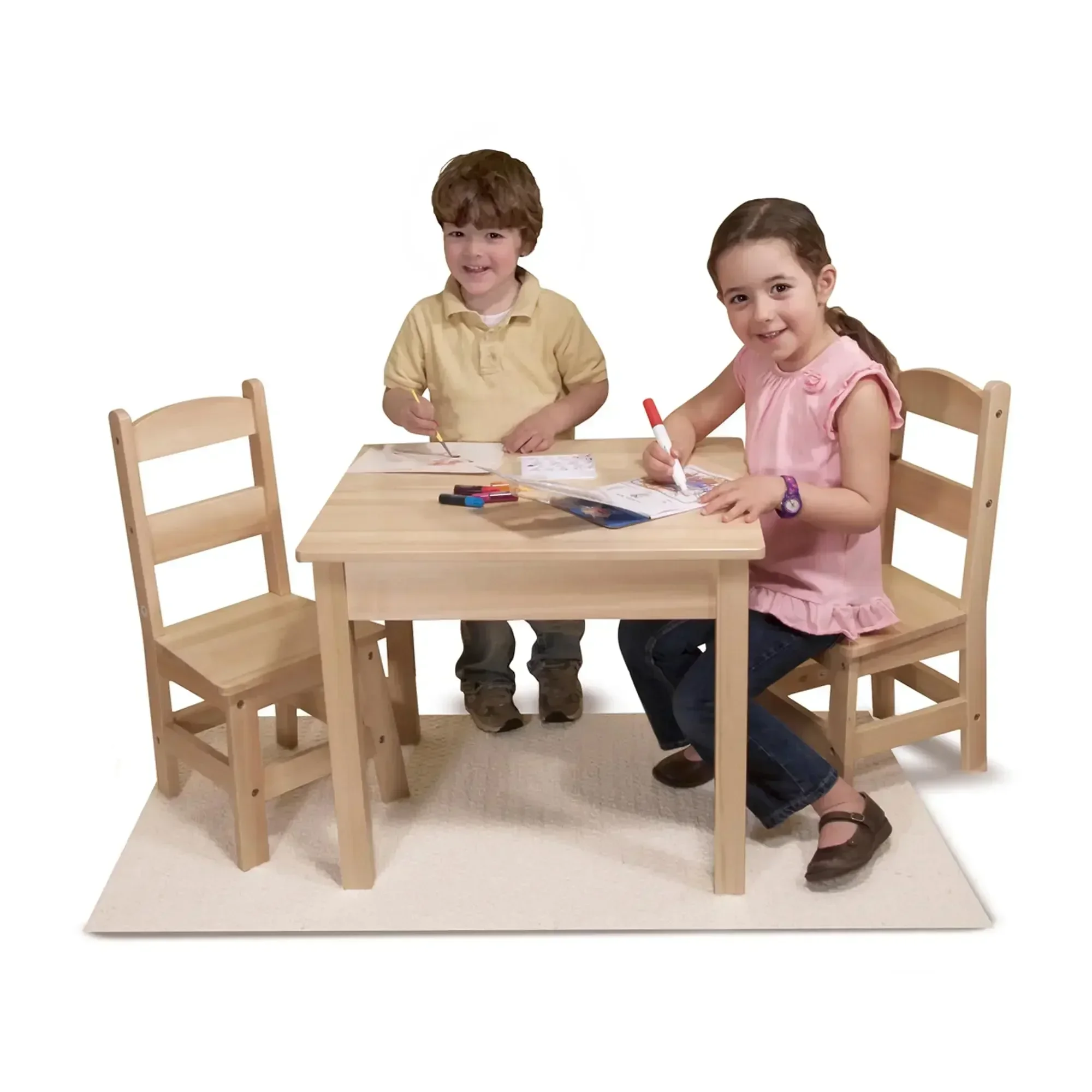 Wood Table and 2 Chairs Set - Light Finish Furniture for Playroom,Blonde