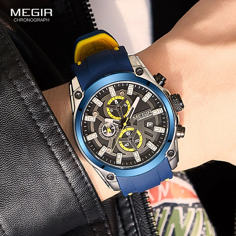 MEGIR Men\'s Military Sport Watches Men Waterproof Fashion Blue Silicone Strap Wristwatch Man Luxury Top Brand Luminous Watch