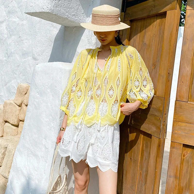 JHJN Frans chic damesoverhemd Vintage borduurblouse Boho blauw geel Lange mouw Kanten holle blouses Casual los overshirt