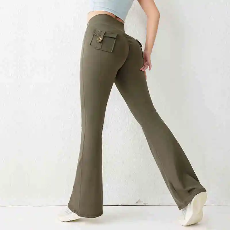 

High Waist Cargo Pocket Long Yoga Fitness Gym Flare Long Pants Women Activewear Streetwear Outfit Fall