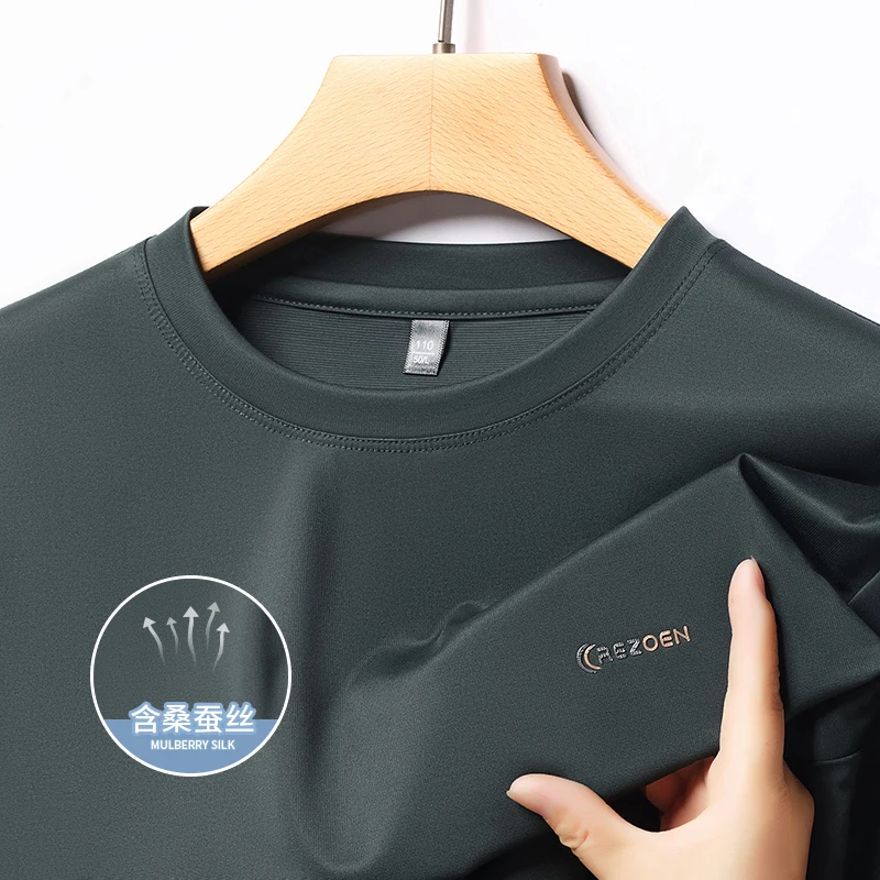 Kaos Lengan Panjang Sutra Mulberry Berkualitas Tinggi untuk Pria, Kaos Leher Bulat 2025 Musim Gugur, Tahan Kerut dan Bebas Setrika, Atasan Dasar