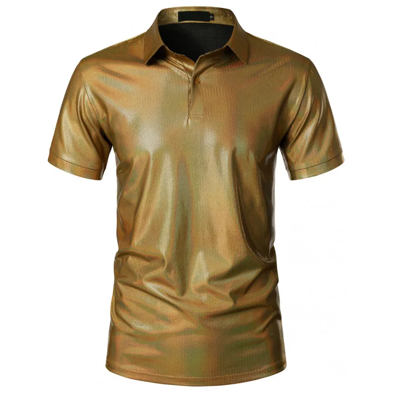 Summer Men's Shiny Metallic Short Sleeve Polo Fashion Hot Stamping Stage Costume Dance Nightclub Party Polo Shirt