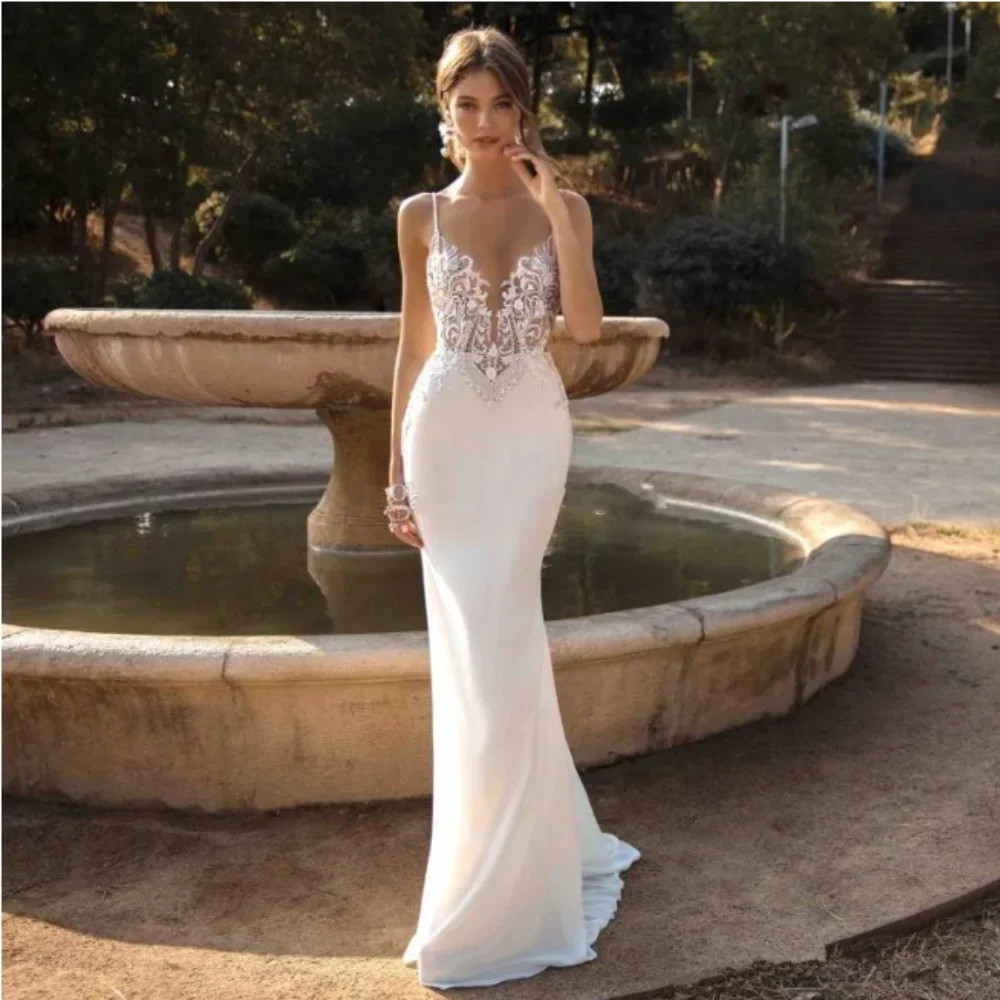 

Elegant Spaghetti Straps Chiffon Mermaid Beach Wedding Dresses 2024 Lace Applique Backless Bohemia Bridal Gowns robes de mariée