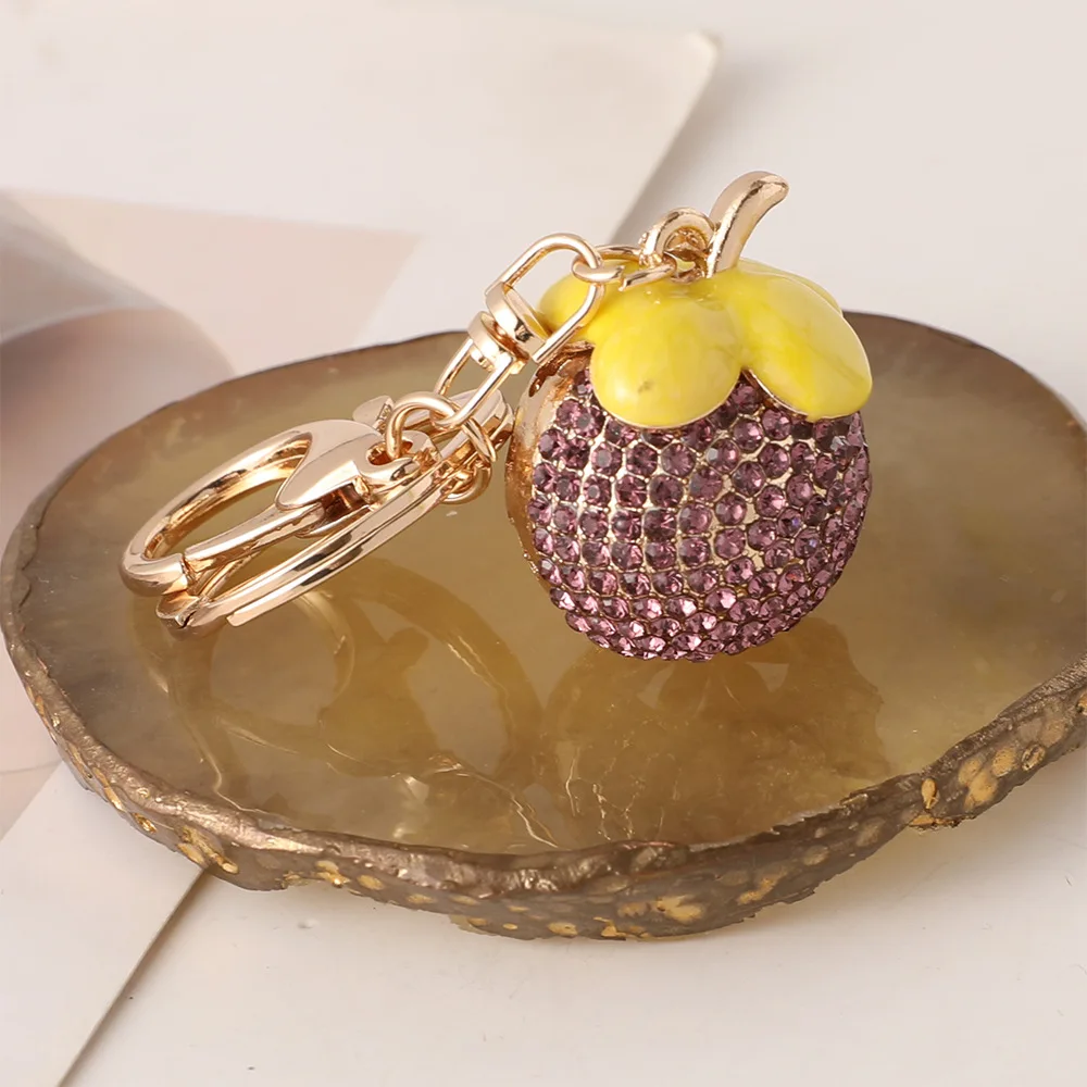 New Diamond-encrusted Mangosteen Car Keychain Metal Cute Fruit Bag Pendant Key Chain Rhinestone Pendant Gift Diy Bag Accessories