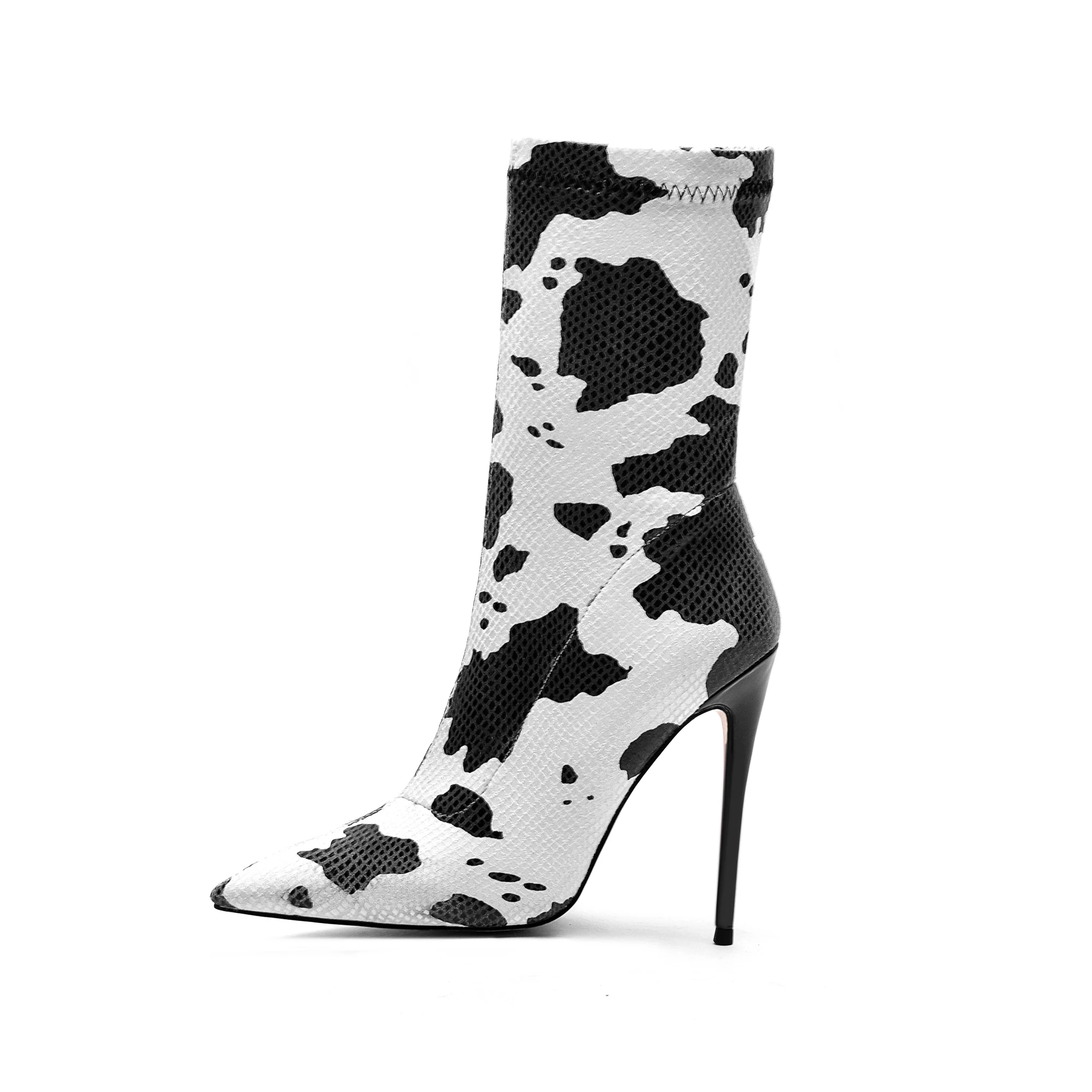 Arden Furtado Spring Autumn Printing Stretch Fabric Short boots Pointed toe Patchwork Slip-on Super high heel Skinny boots