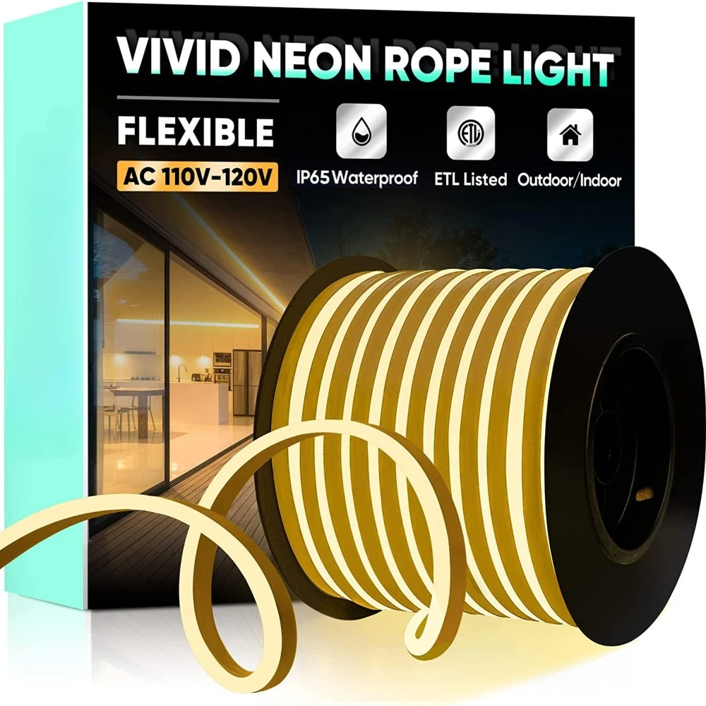 Flexible LED Neon Rope Lights 100FT,Neon Lighting for Indoor Outdoor Home Decor/Commercial Building Use-Warm White 30M