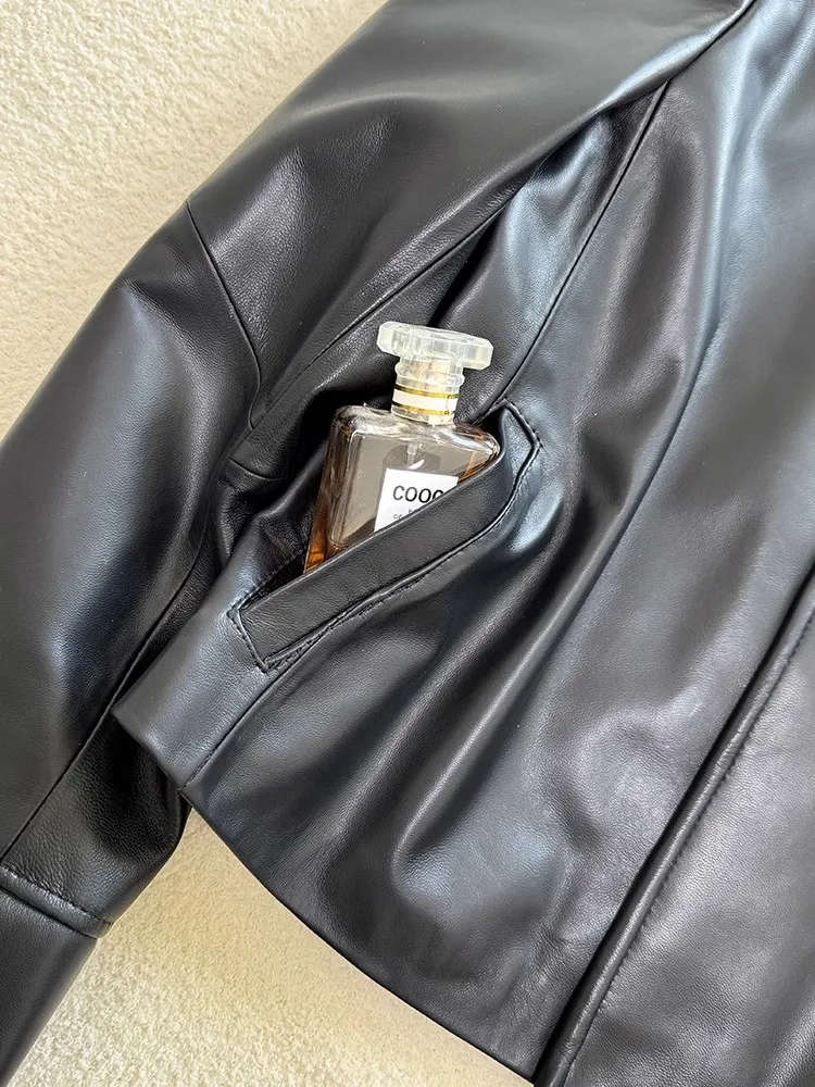 秋の新女性シープスキン本革ジャケットちょう結び長袖 O ネックシングルブレスト甘い女性オートバイ生き抜くコート