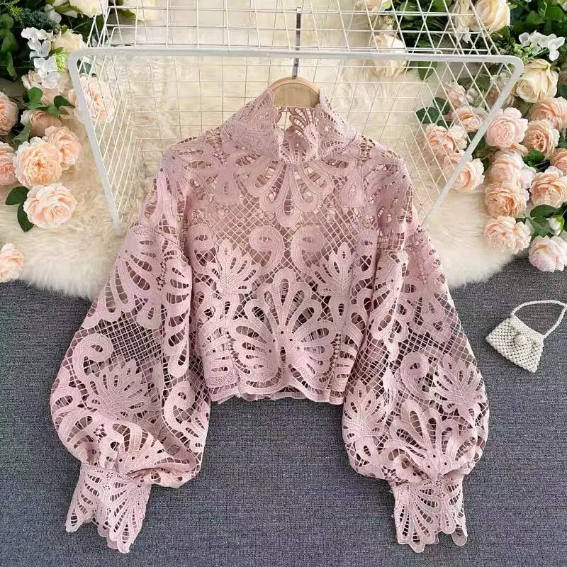 New Sexy Lace Hollow Out Short Blouses Women Casual Lantern Long Sleeve Elegant Solid Shirts Female Vintage Autumn Fashion Tops