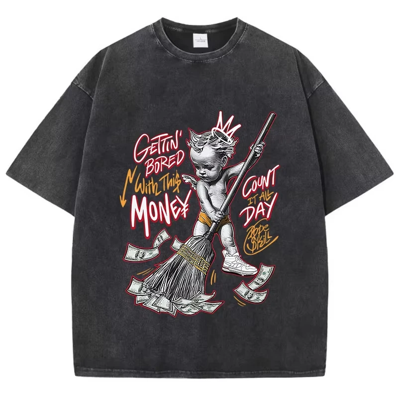

Cotton Woman Acid Wash T-Shirts Gettin Bored with This Money Prints Tops Oversize Comfortable Crewneck Tee Shirts Casual Clothes