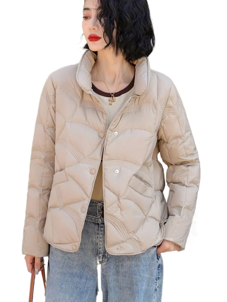 

Janveny 90% белый утиный пуховик женский ультра легкий пуховик повседневная свободная одежда с воротником-стойкой водонепроницаемая ветрозащитная верхняя одежда