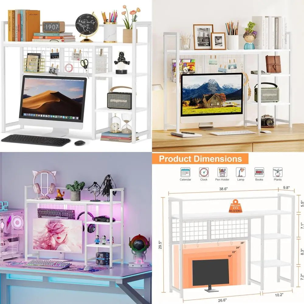 

Настольная полка, 38,6-дюймовая настольная полка-органайзер, настольная полка для компьютерного монитора, 4-уровневая настольная витрина с набором крючков для перфорированной доски,