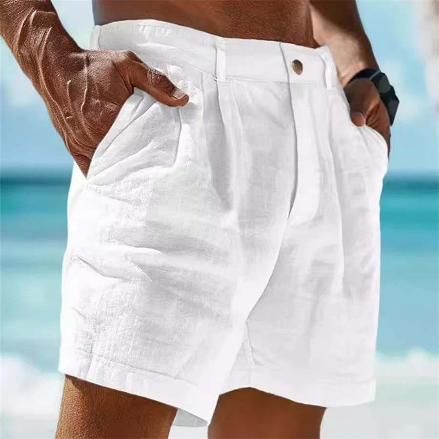 

2025 Summer Cotton Linen Shorts for Men Solid Casual Beach Shorts Men's Comfortable Simple Vacation Leiture Half Pants White