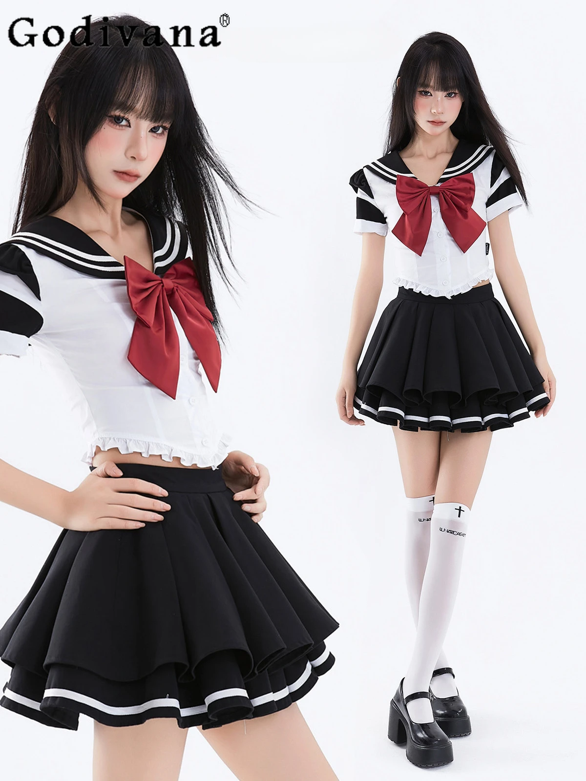 Summer New Fashion Ruffles Edge Student JK Uniform Japanese Sweet Cute Slim-Fit Preppy Style Y2k Dress Suit Women Mini Skirt