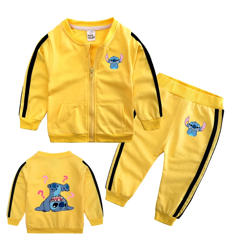 

Детский спортивный костюм Disney Stitch, 2 шт./компл., повседневный комплект с капюшоном и штанами на молнии для мальчиков и девочек, осенняя удобная детская одежда