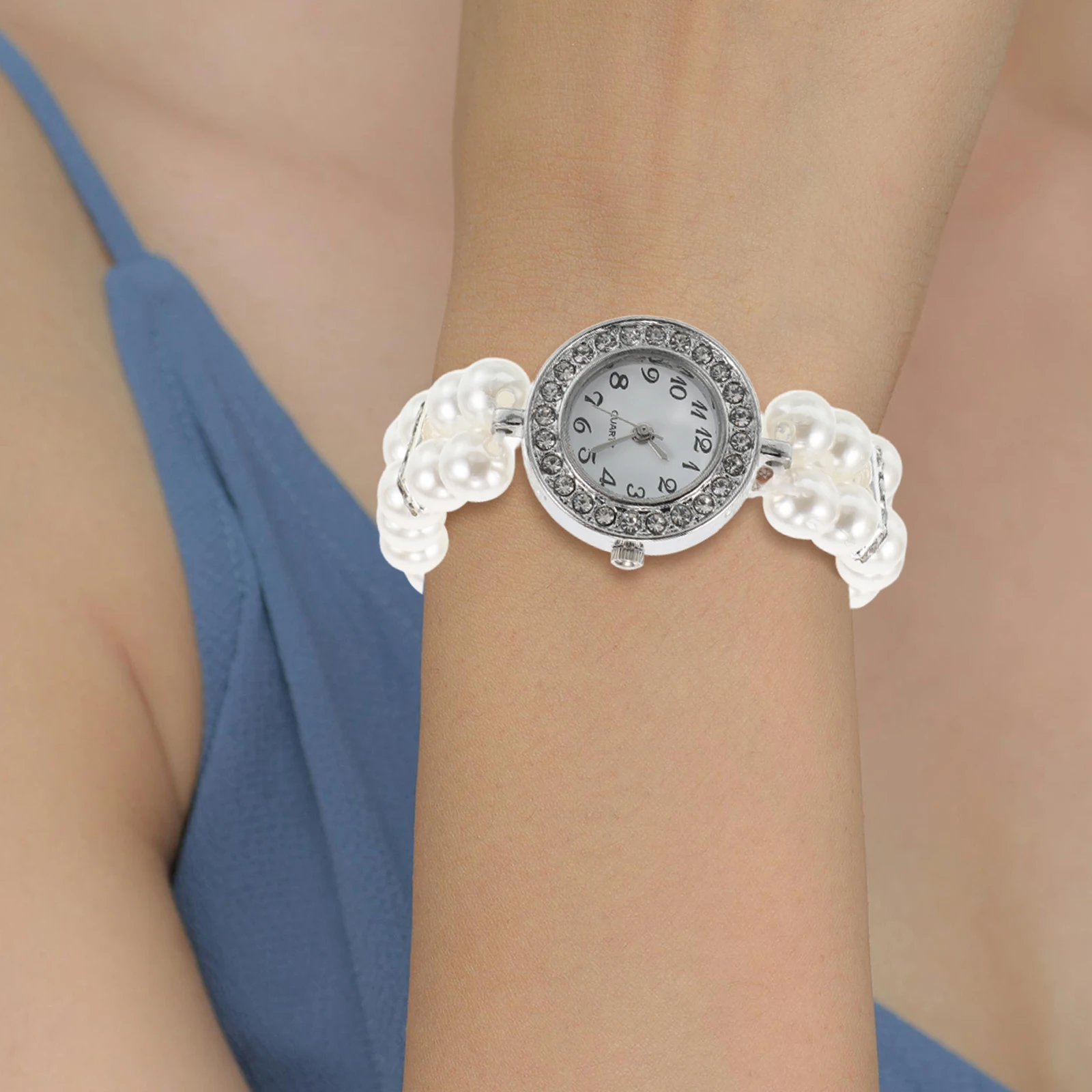 

Elegant Pearl Rhinestone Watch Bracelet Women Cuff Fashion Vintage Party Christmas Gift Dainty Face Set Wrist