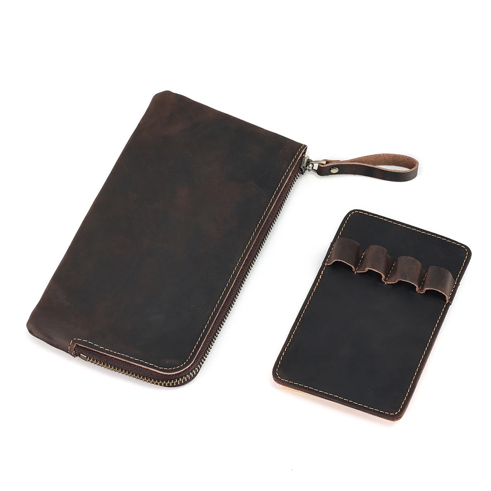 JOYIR Genuine Leather Multifunctional Stationery Zipper Pen Bag Vintage Pencil Box Handmade School Office Pen Gel Case Tray