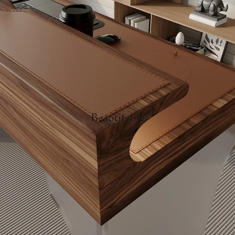 Italian minimalist solid wood leather desk with lamp modern simple computer desk