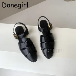 Donegirl 2024 Summer New Fashion Women New Vintage Pointed Head Hollow Flat Sandals Versatile Simple Roman Shoes Female Chic