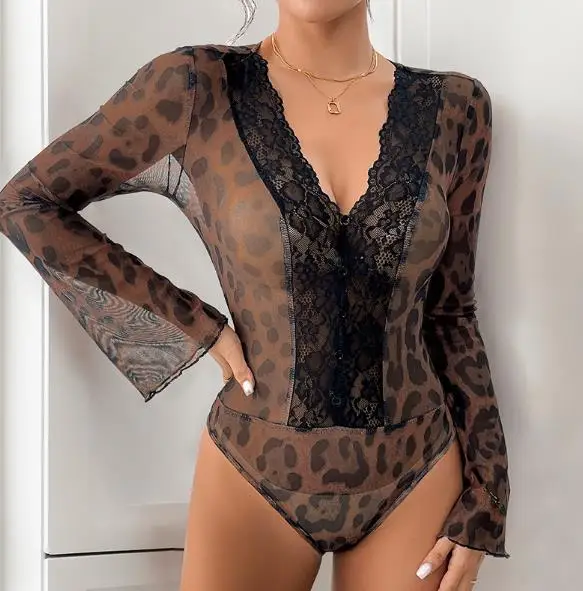 

Spicy Leopard Print Sexy Mesh Patchwork Flared Sleeve Jumpsuit