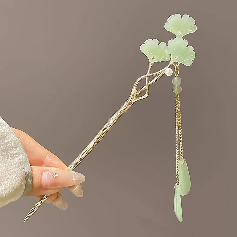 1pc Elegant Chinese Style Green Hairpin Tassel  Stick Traditional Floral Design Hairstyle Accessory Women Sweet Hanfu Hairneedle