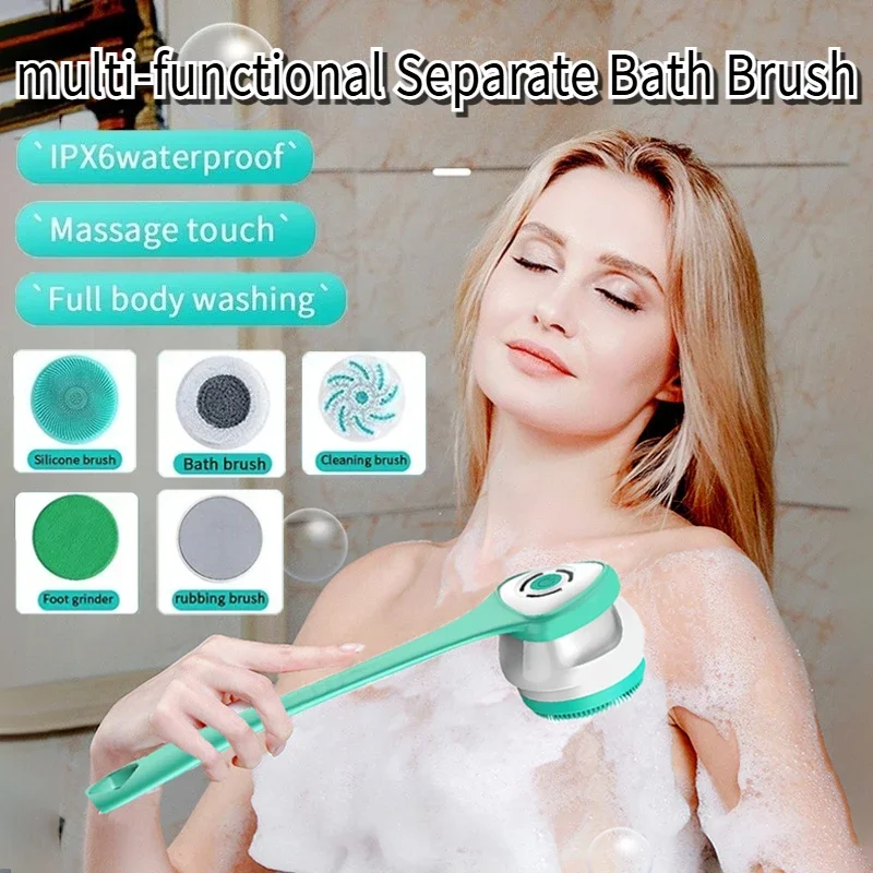 فرشاة استحمام دوارة بمقبض طويل ذكي أوتوماتيكي بالكامل 5 في 1، قابلة لإعادة الشحن، تستخدم للتنظيف العميق والتقشير والتدليك