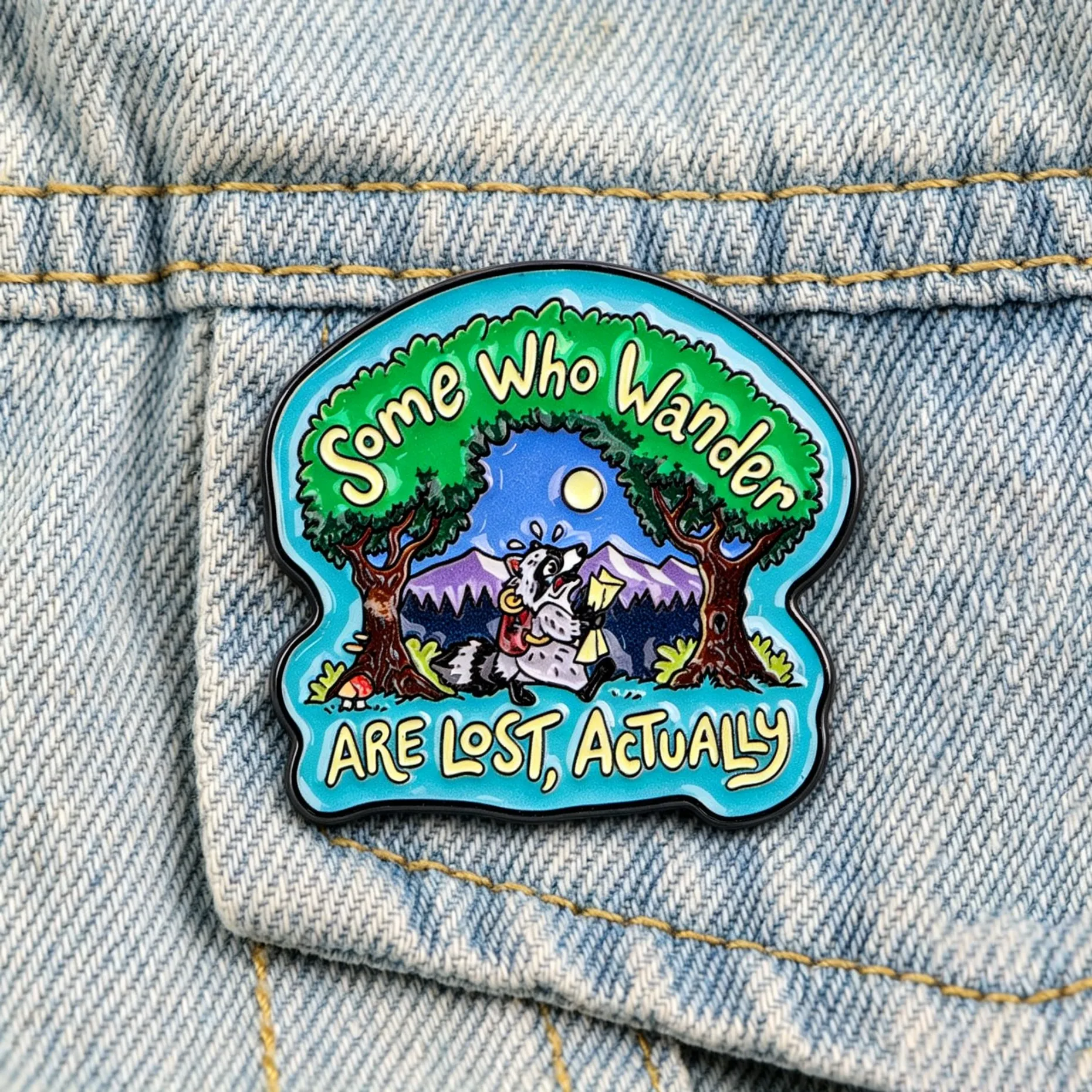 Funny Raccoon Enamel Pin Some Who Wander Are Lost Actually Lapel Brooch Outdoor Forest Animal Metal Badge Backpack Decor Gift