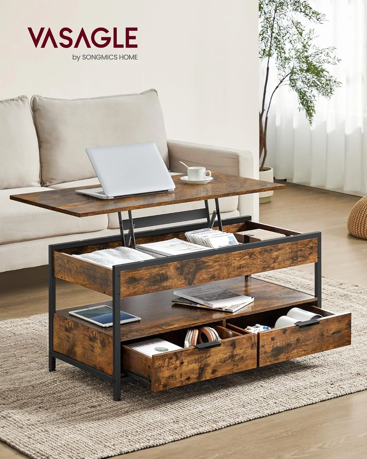 Lift Top Coffee Table with Storage Drawers, Coffee Table for Living Room with Lifting Top, Hidden Compartments and Open Shelf