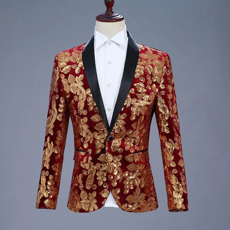 

Red Sequin Shawl Collar Tuxedo Suit Blazer Men Wedding Groom Prom Suit Jacket Men DJ Nightclub Stage Singer Blazer Masculino