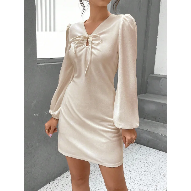 

YQ1-Graceful Puff Sleeve Long SleeveVCollar Chest Ruched Tie Hollow OutASkirt Dress