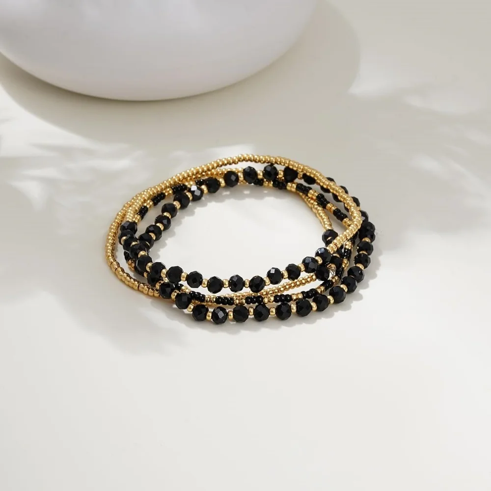 3pcs Boho Black Crystal Beaded Bracelets for Women, Gold Glass Copper Beads Stackable Elastic Jewelry Set, Fashion Gifts
