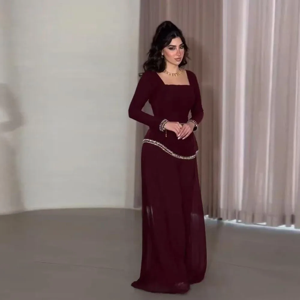 

Customized Square Neck A Line Formal Prom Dresses Full Sleeve Floor Length Chiffon Dress Beading Burgundy Maxi Dress