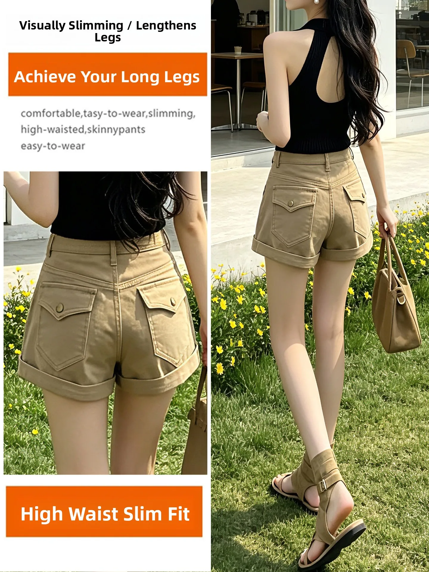 American Style Khaki Denim Shorts Women's Summer Thin A-Line Double Buckle Cuffed Elastic Three-Quarter Length Trendy Pants