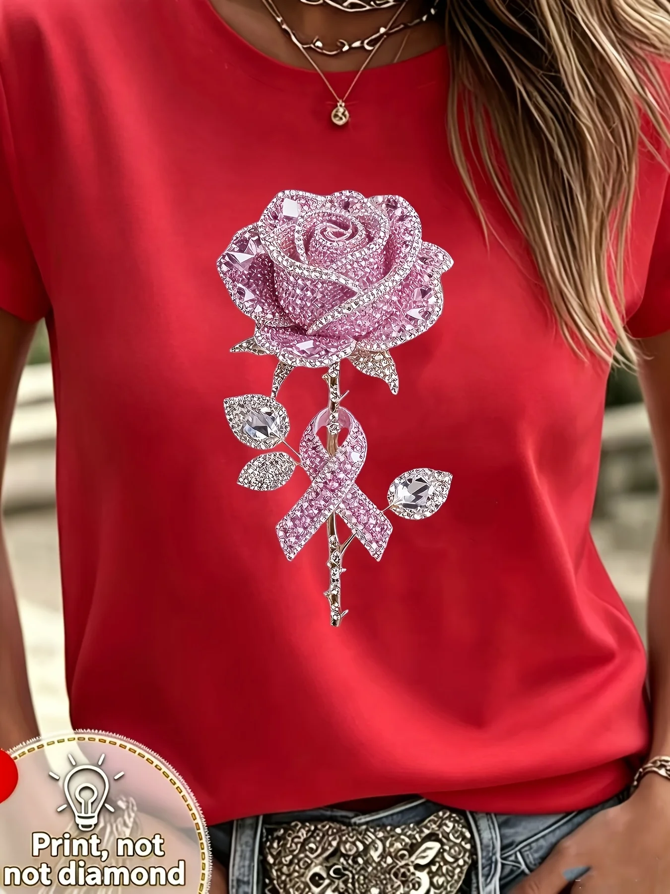 Casual pink rose pink ribbon design 2D print print comfortable casual top very suitable for outdoor and daily casual wear