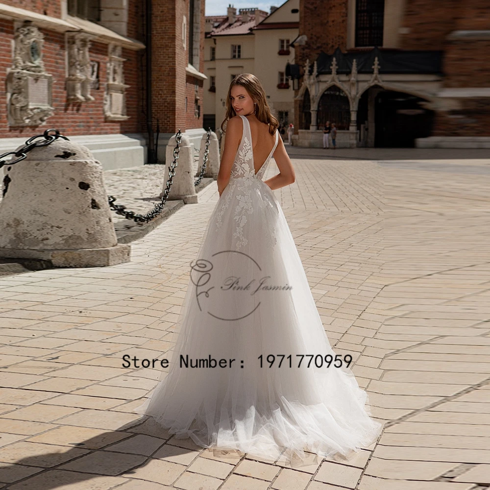 Customized Sexy Wedding Dresses V Neck Sleeveless Applique Elegant Bridal Gown Backless Court Train A Line Vestido De Novia 2025