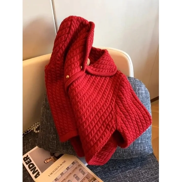 Nouvel An Rouge Twist Tricot Pull Cardigan Femme Hiver Nouveau Sle Haut Doux Tricot Vêtements D'extérieur Col montant Auto-Preservation...