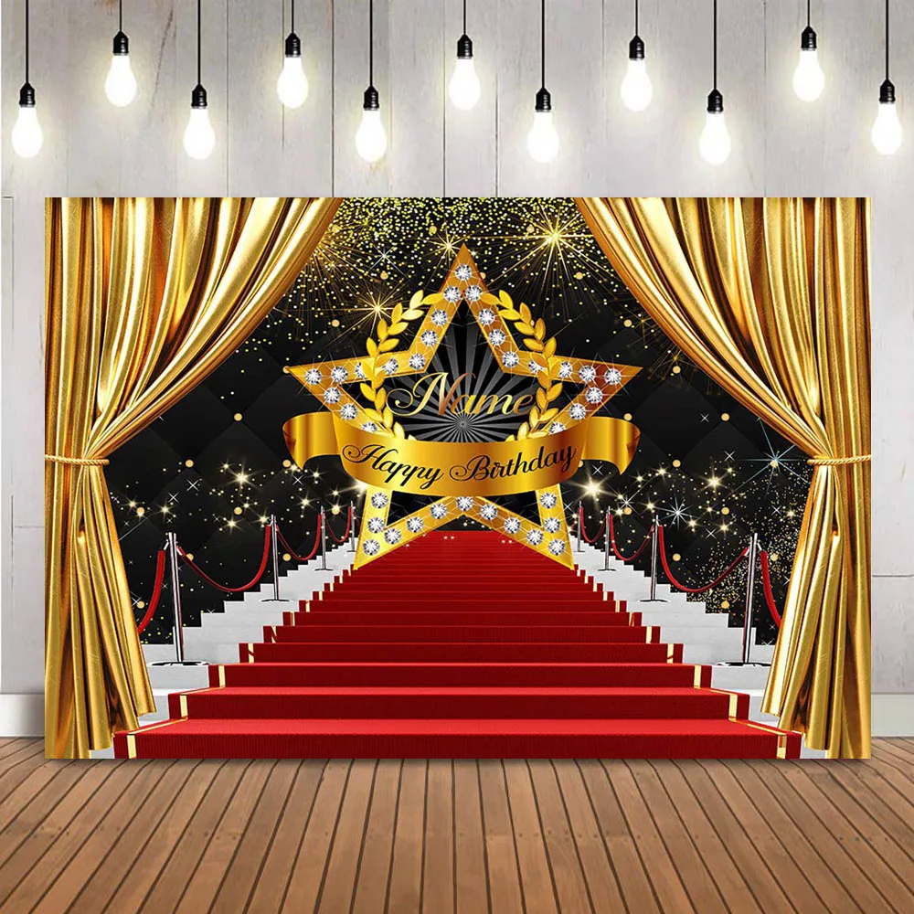Фон с изображением красной ковровой дорожки, кинофестиваля, с именем на заказ, украшение для вечеринки в честь Дня Рождения, золотой Блестящий Фон