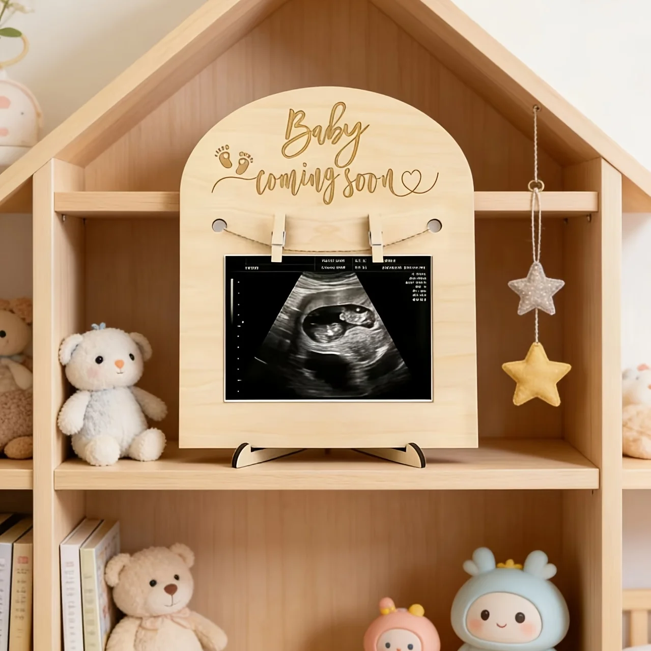 Wooden Ultrasound Photo Frame with Stand, Engraved Pregnancy Baby Scan Memory Holder, Bedroom Home Decor