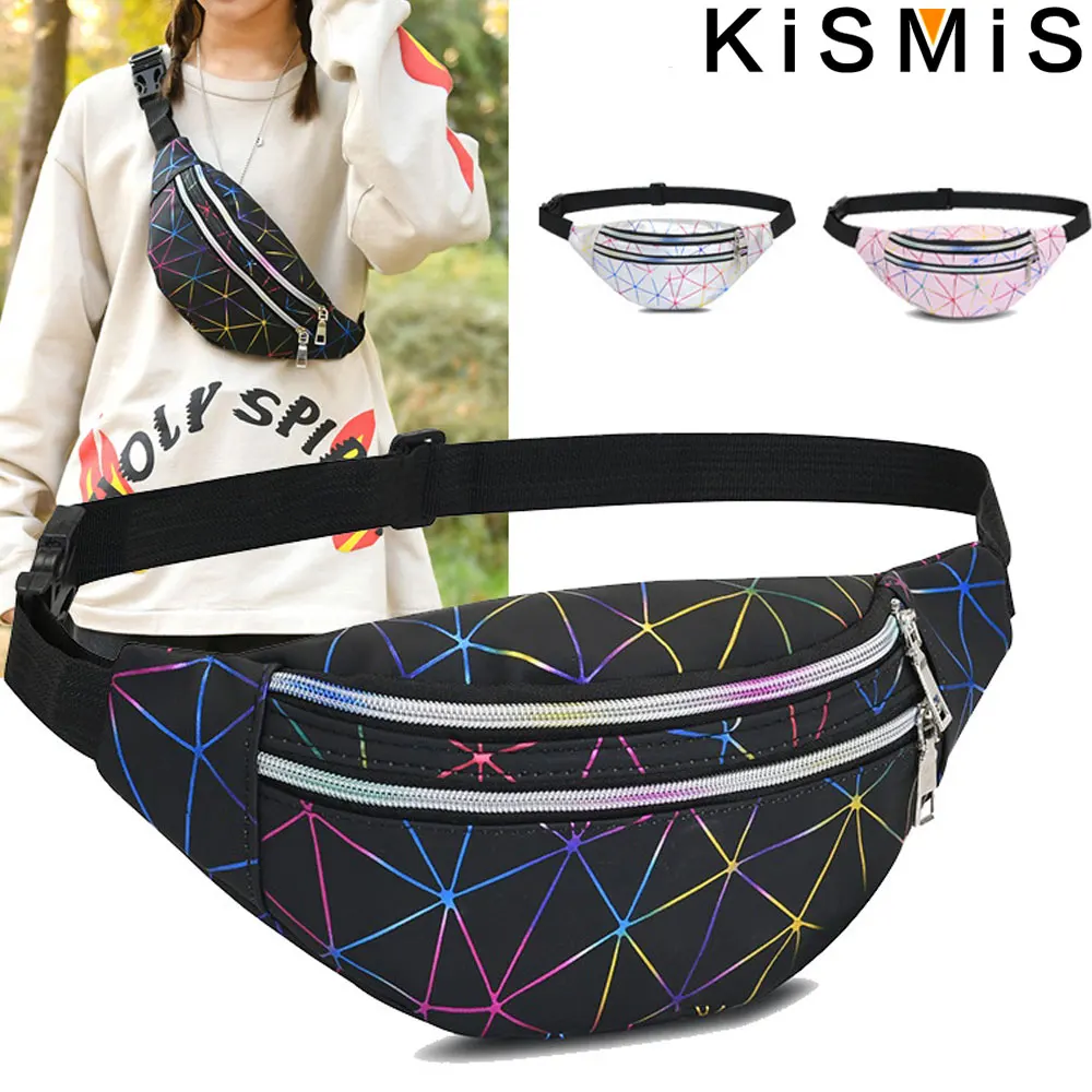 KISMIS Holographic Waist Pack Bags for Women Glitter Fanny Pack Waterproof Belt Bag Fashion Laser Waist Pack Phone Pouch