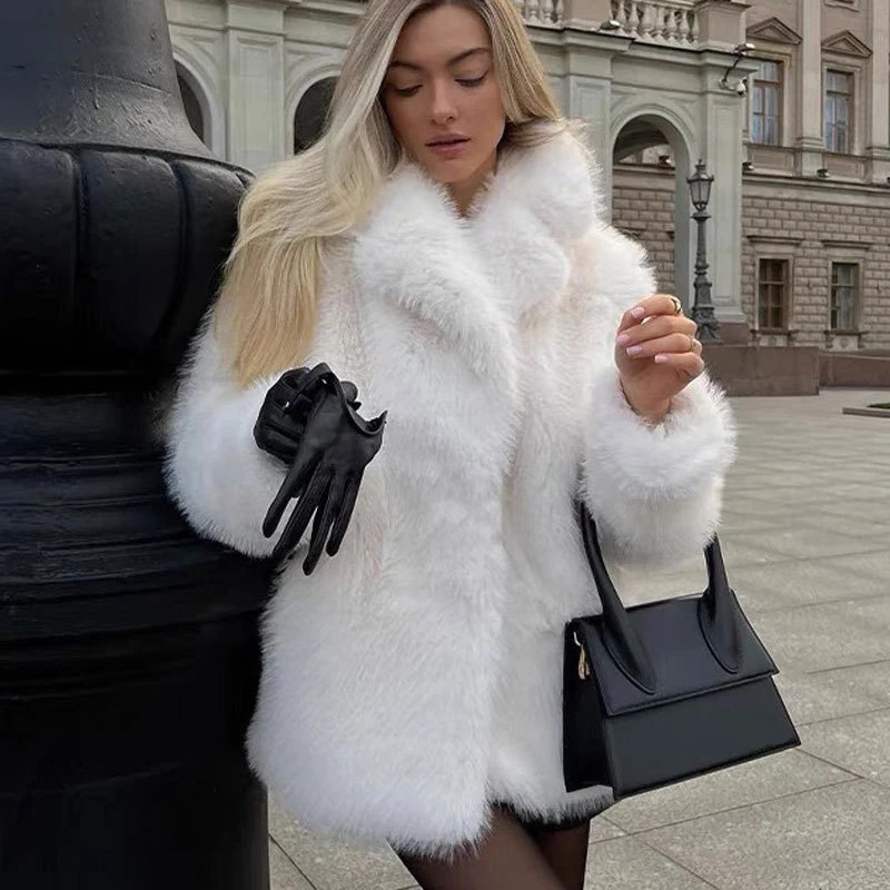 Luxury Brand Fashion Fluffy Furry Faux Fur Jacket Women Winter Shaggy Overcoats Lapel Thick Warm Long Fox Fur Coat Outerwear