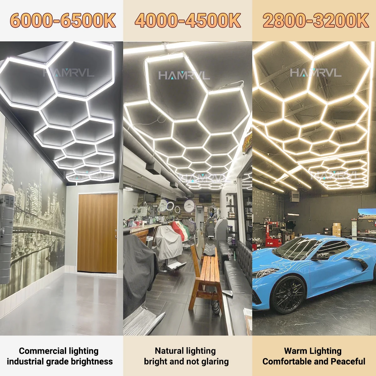 4000K Natural Warm Light Lighting for Garage Barbershop Hexagon Ceiling lamp 3000K 6000K Gym Car Bar Workshop Honeycomb LED Tube