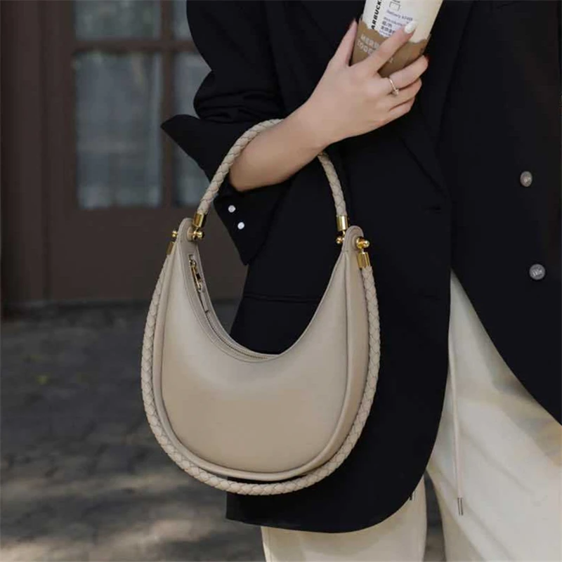 

Toptrends Korean Genuine Leather Crescent Underarm Shoulder Bags For Women 2025 Luxury Designer Woven Top Handle Tote Handbags