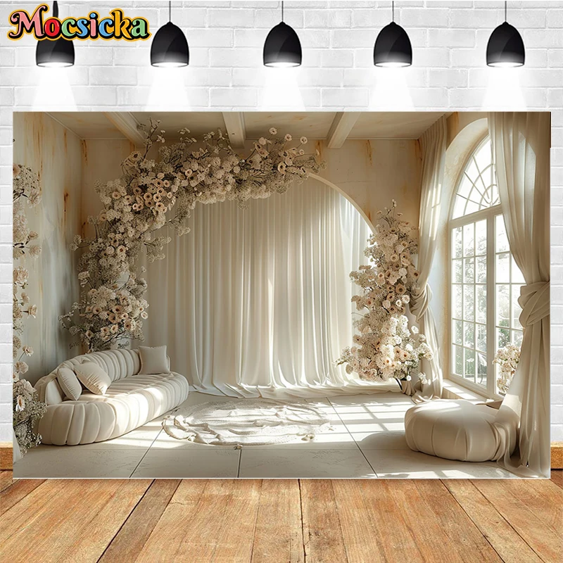 Mocsicka fotografia tło kryty w stylu Boho w kwiaty łukowate okno urodziny portret ślubny dekoracja zdjęcie tła Studio