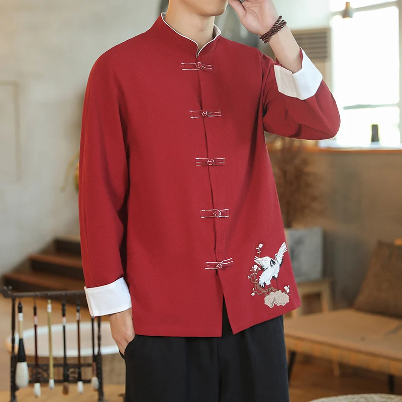 Men Shirts Traditional Kungfu Tai Chi Long Sleeve Embroidered Chinese Style Retro Linen Cardigan Stand Collar Tang Suit Mens Top