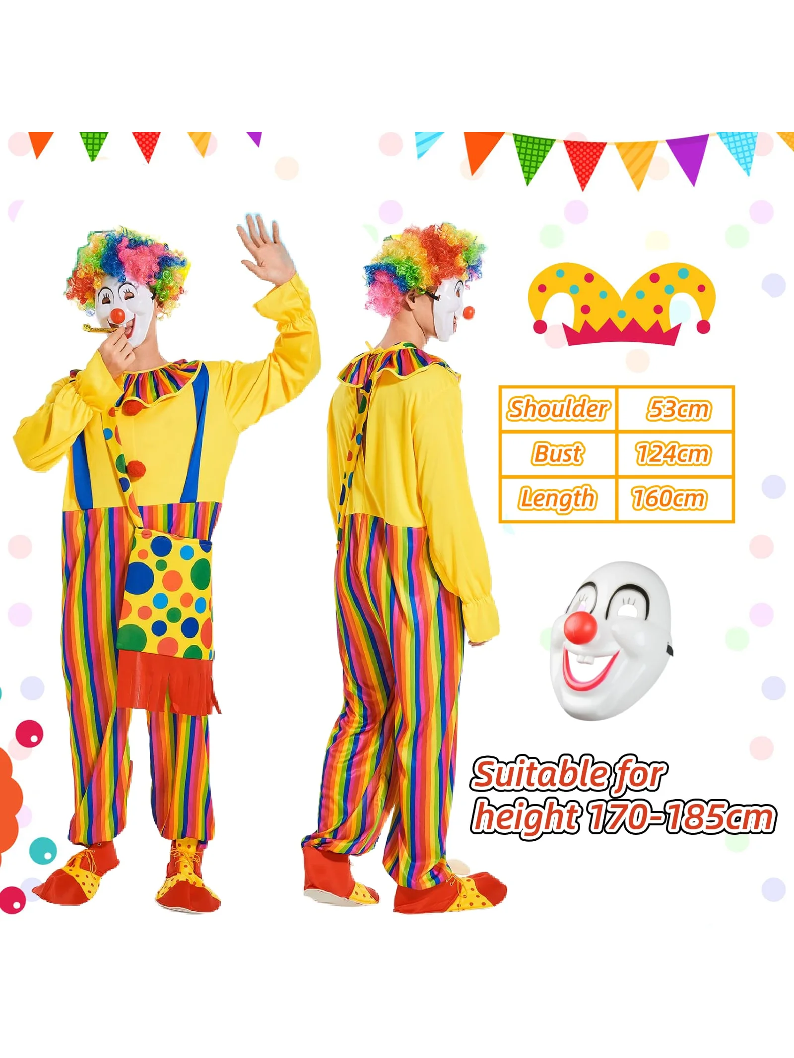 8pcs Adult Clown Suit Costume Set including clothing, Wig, Nose, Mask, Clown Bag, Shoes, Circus Props for Fiesta Circus Party