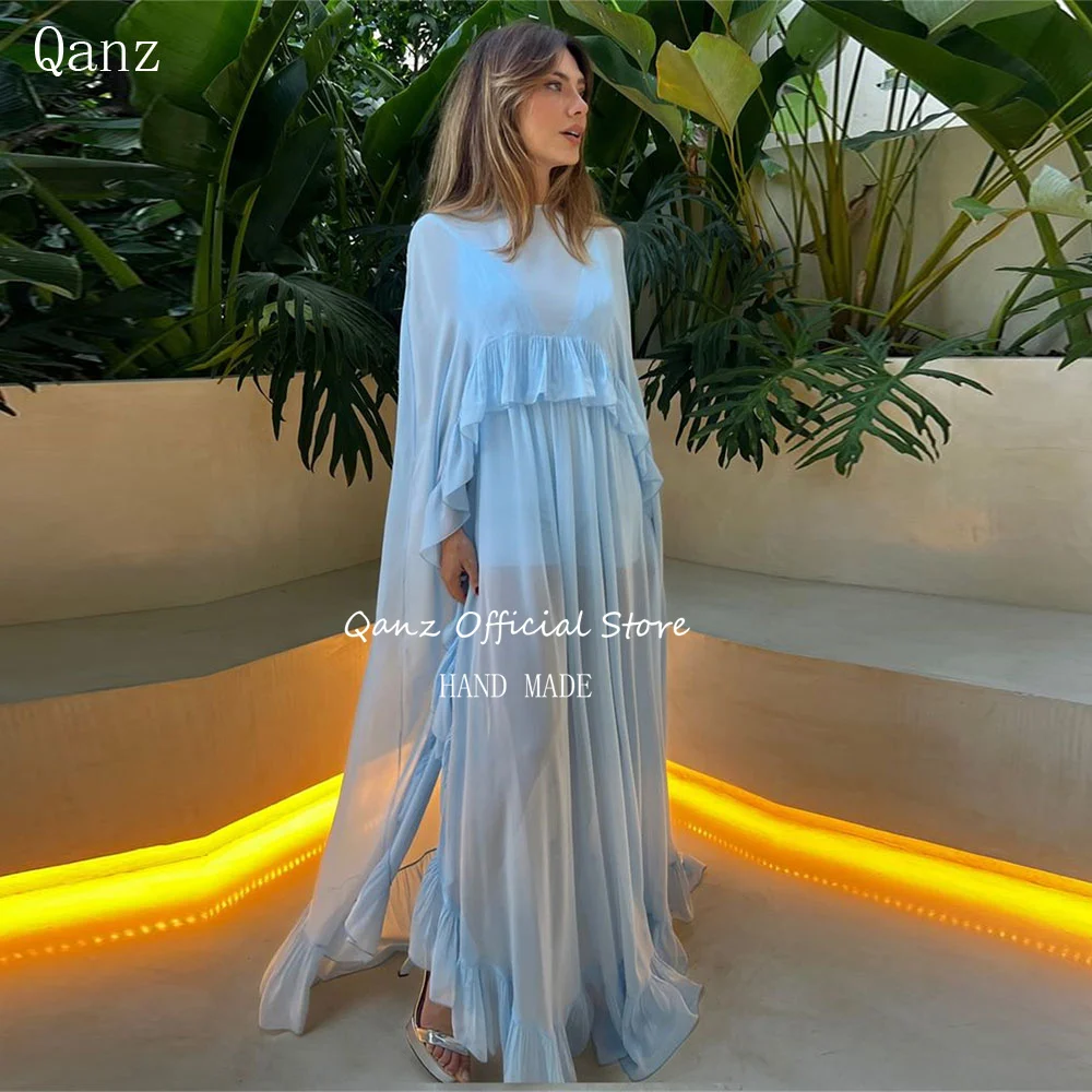 

Qazn Sky Blue Elegant Long Evening Dresses Chiffon Illusion Floor Length Party Dresses Woman Vestidos Para Eventos Especiales