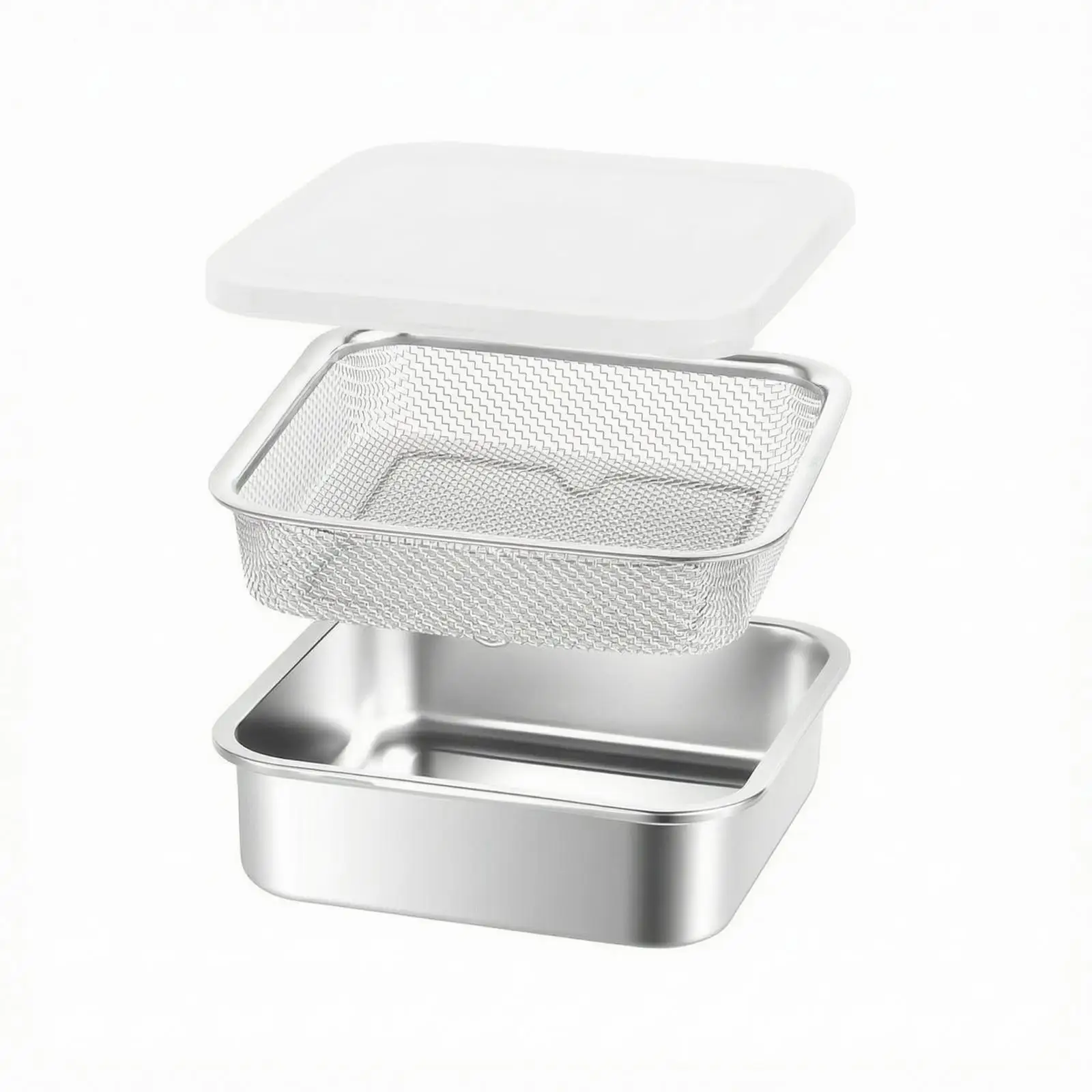 Square Kitchen Storage Container 304 Stainless Steel with Mesh Basket Tight Lid Organizer for Refrigerator